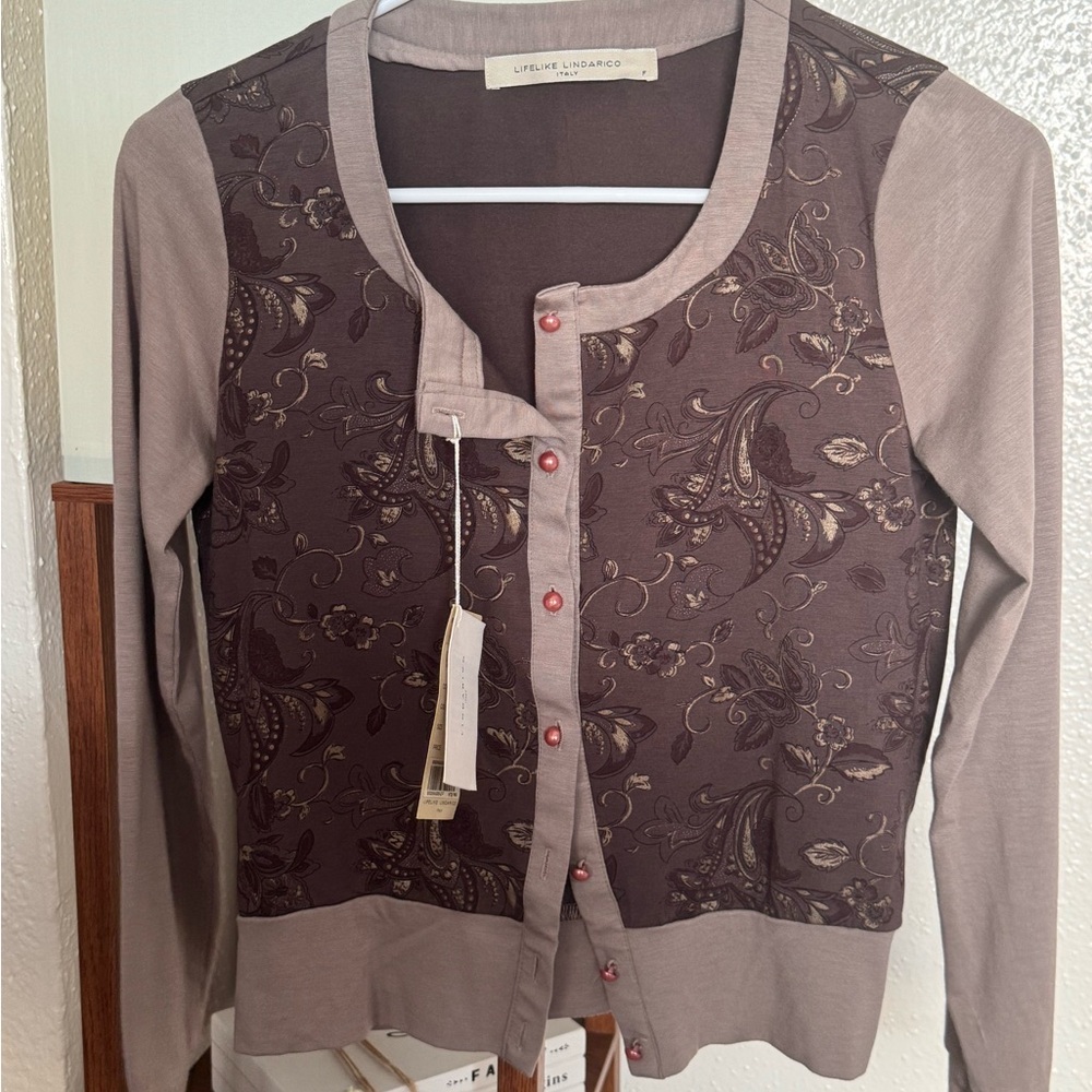 Brown and Tan Cardigan with Floral Pattern
